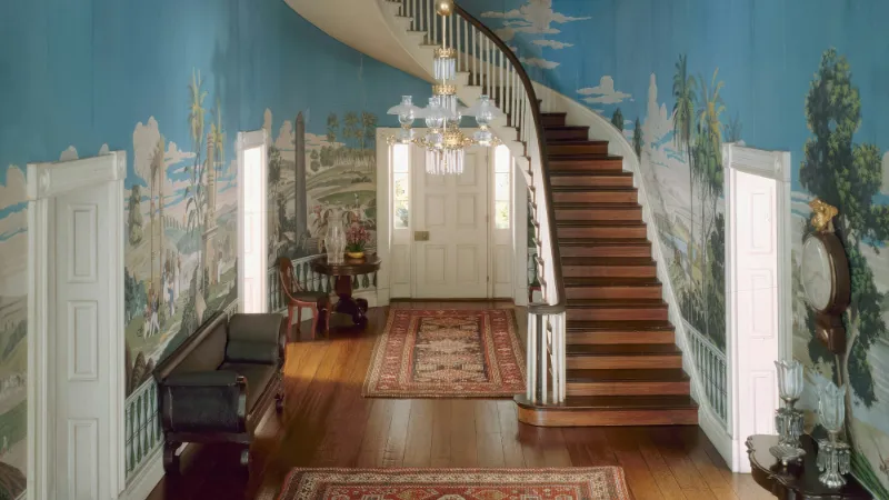 Entrance hall with a carpeted staircase and patterned rugs