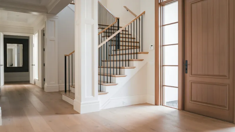 Modern white staircase with black railings