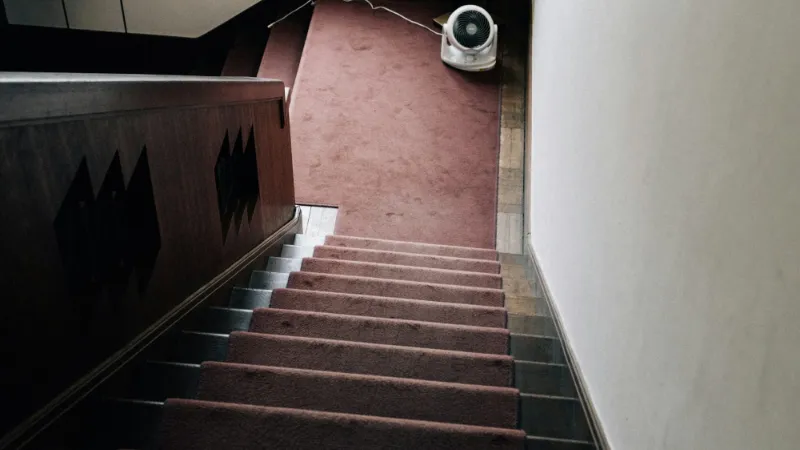 Red carpeted staircase descending towards a hallway