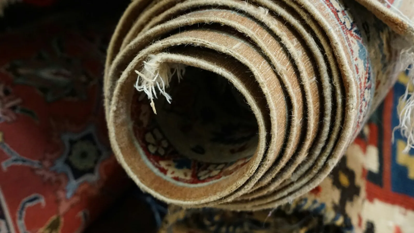 Rolled rug seen end-on