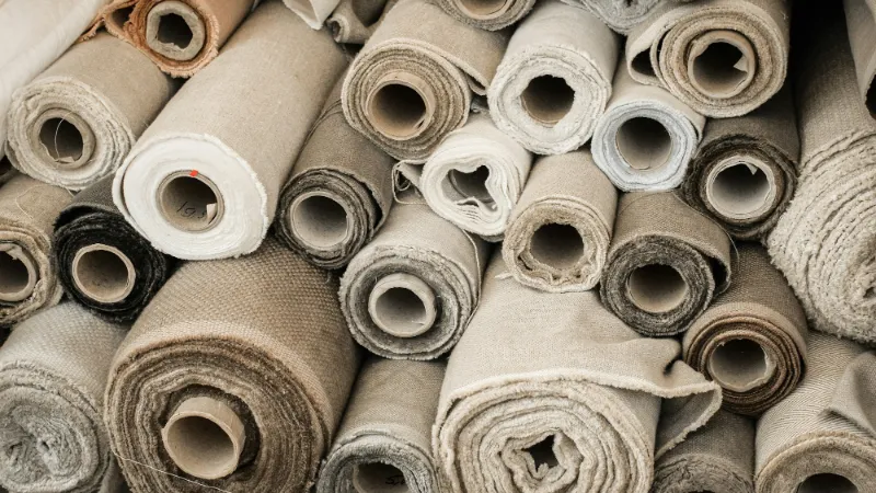 Rolls of carpet stacked in a store